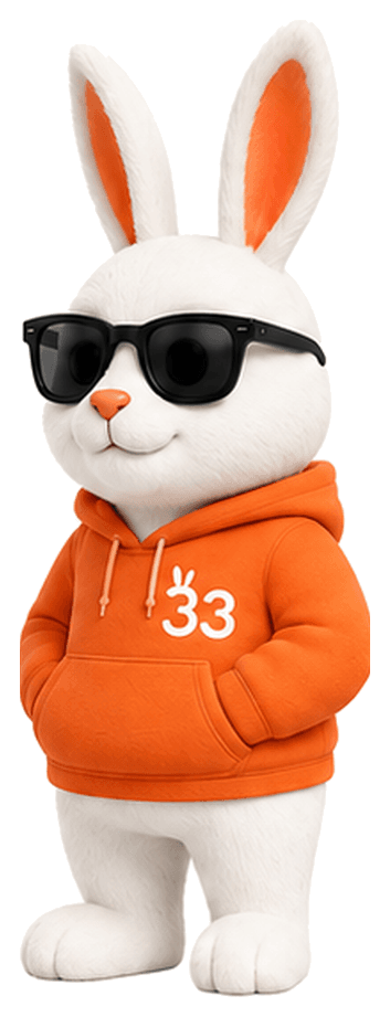 Gig33 mascot — a rabbit in sunglasses and an orange 33 hoodie — standing with a phone showing the example partner app